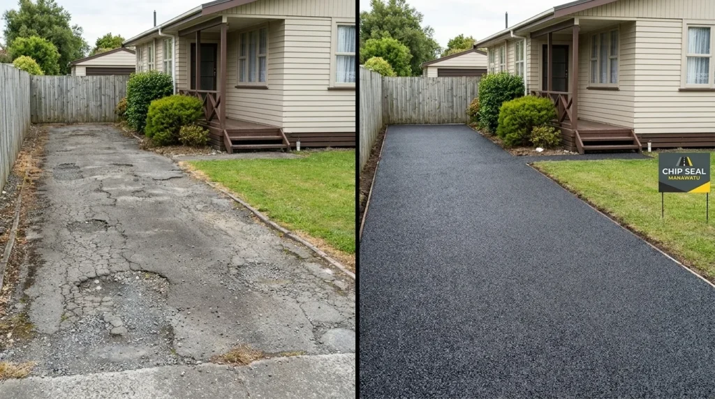 Before and after chip seal road surface Manawatu