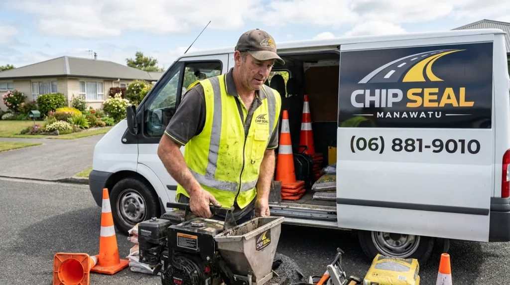 Chip seal technician unloading equipment Manawatu